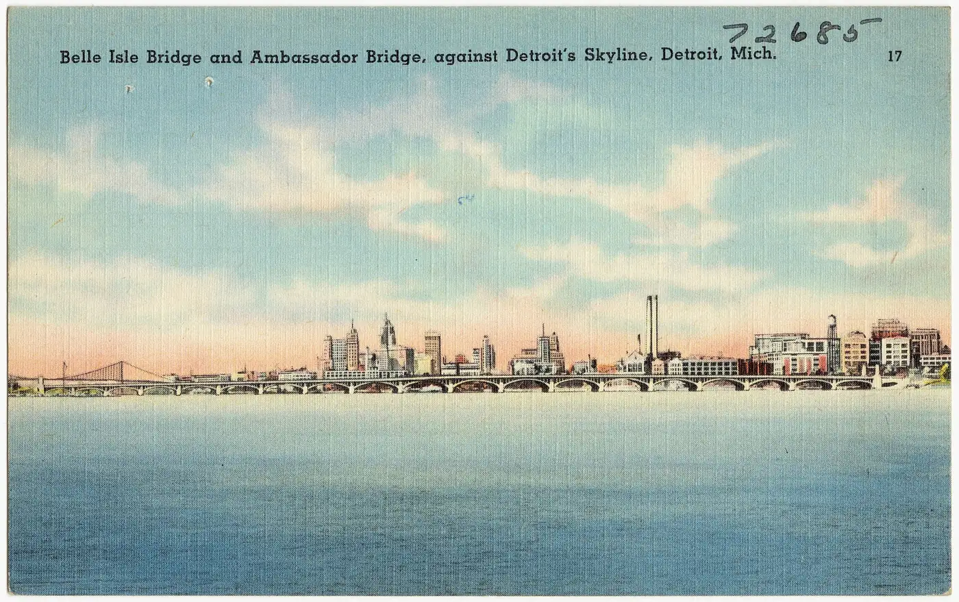 Belle Isle Bridge and Ambassador Bridge, against Detroit's Skyline, Detroit, Mich (72685) — Detroit