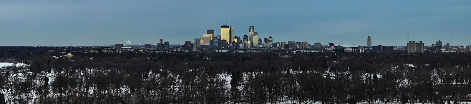 Aerial view of the Minneapolis skyline over Lakewood Cemetery, January 2026 — Minneapolis