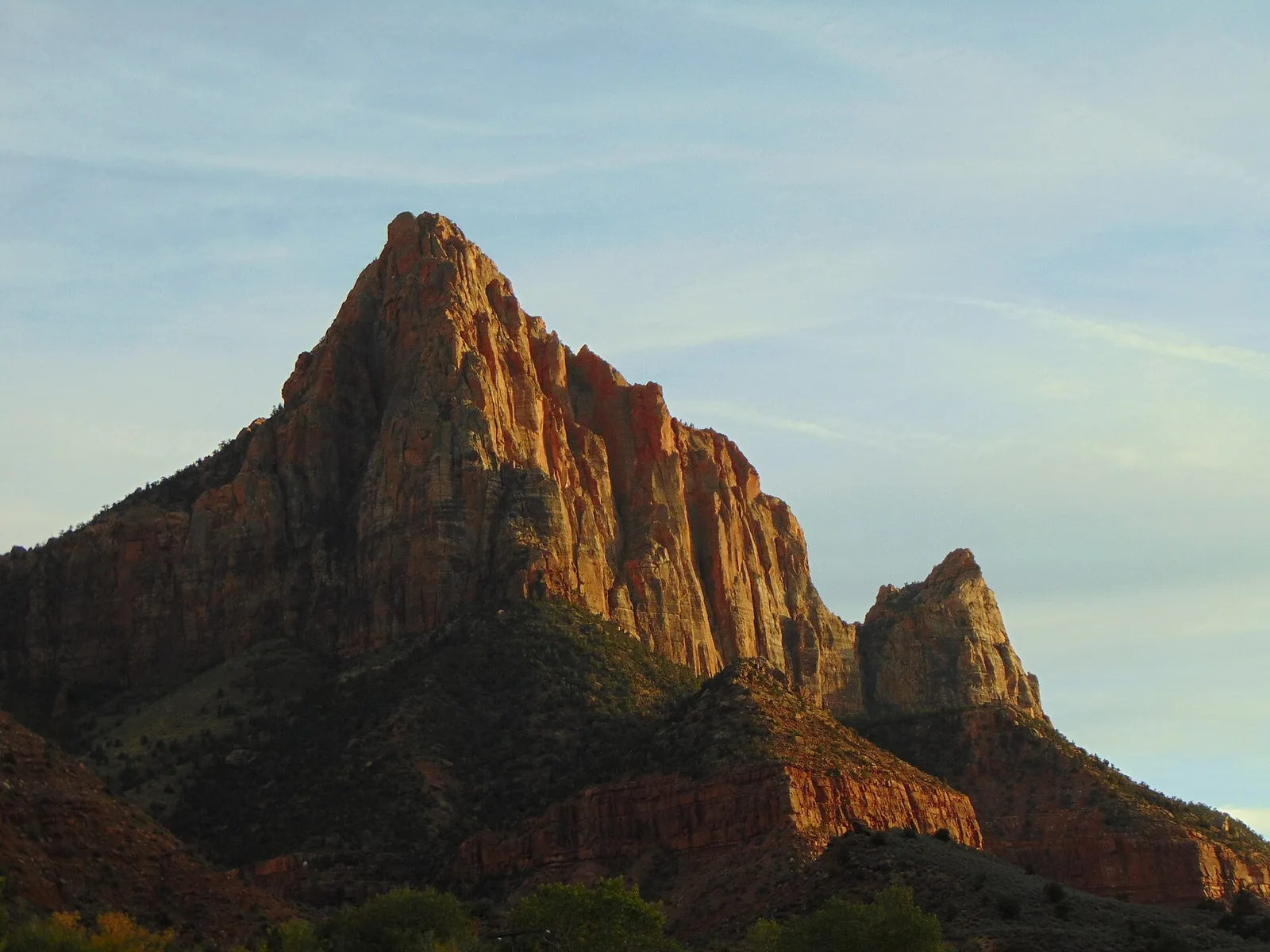 The Watchman peak above the Virgin River at sunset, Zion National Park